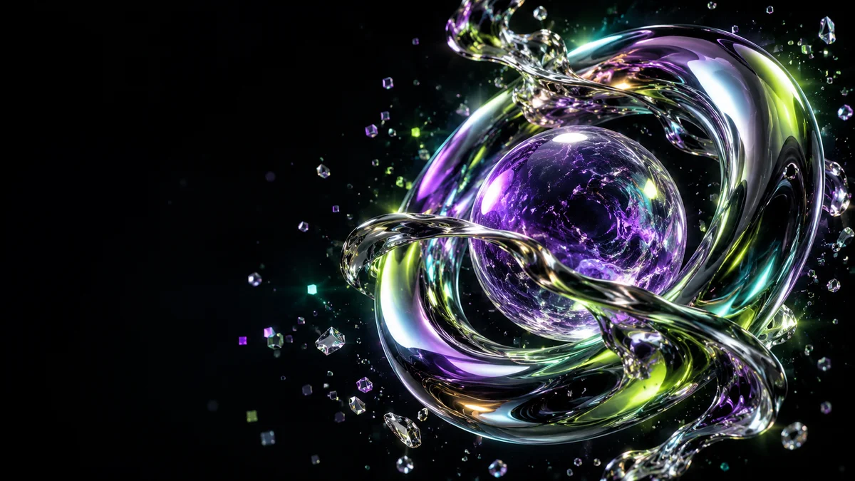 Abstract luminous violet and chrome forms representing artificial intelligence