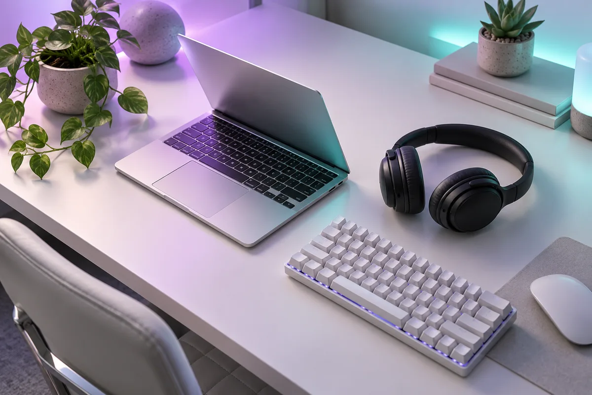 Modern headphones and everyday desk equipment in a colorful setting