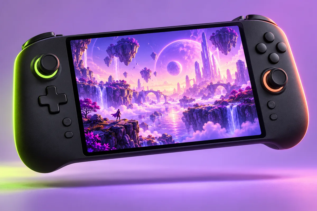 A portable gaming device against a colorful neon background