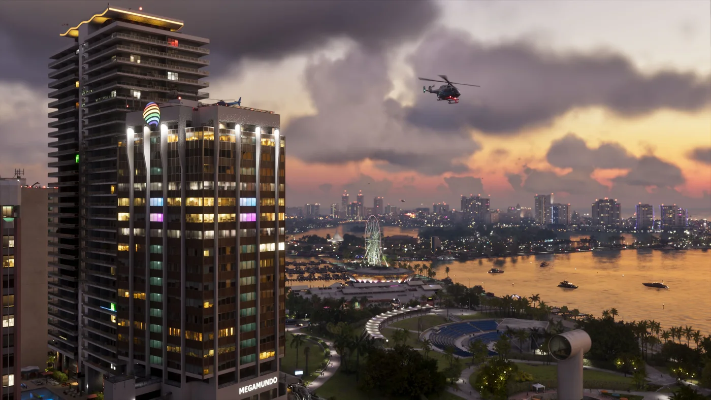 Official Grand Theft Auto VI screenshot of a helicopter above the Vice City waterfront at sunset