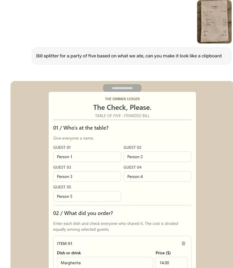 OpenAI’s clipboard-style bill-splitter demonstration with a receipt, five guest fields and a dish entry.