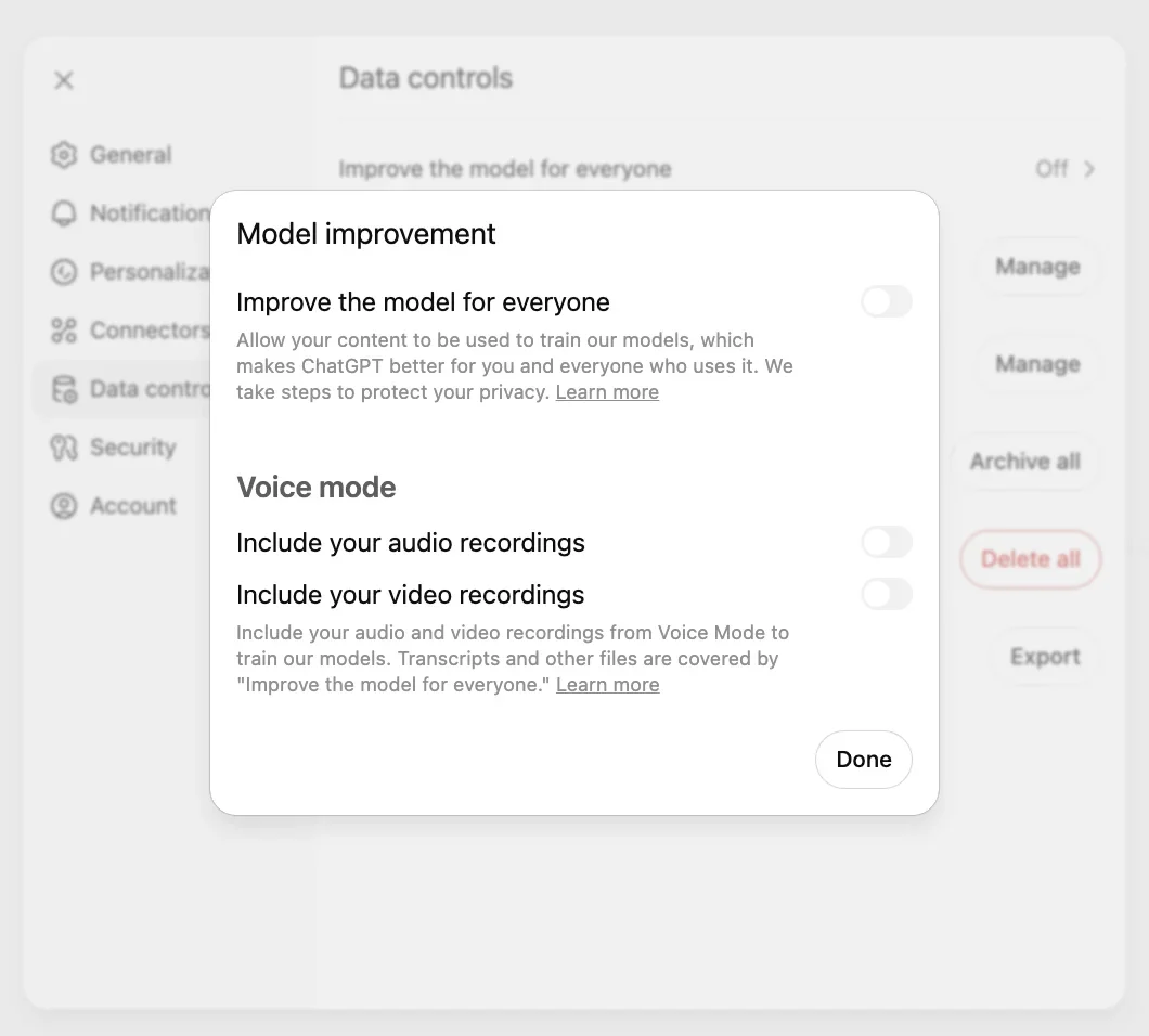 OpenAI’s screenshot of the ChatGPT Data controls panel with the model-improvement settings open.
