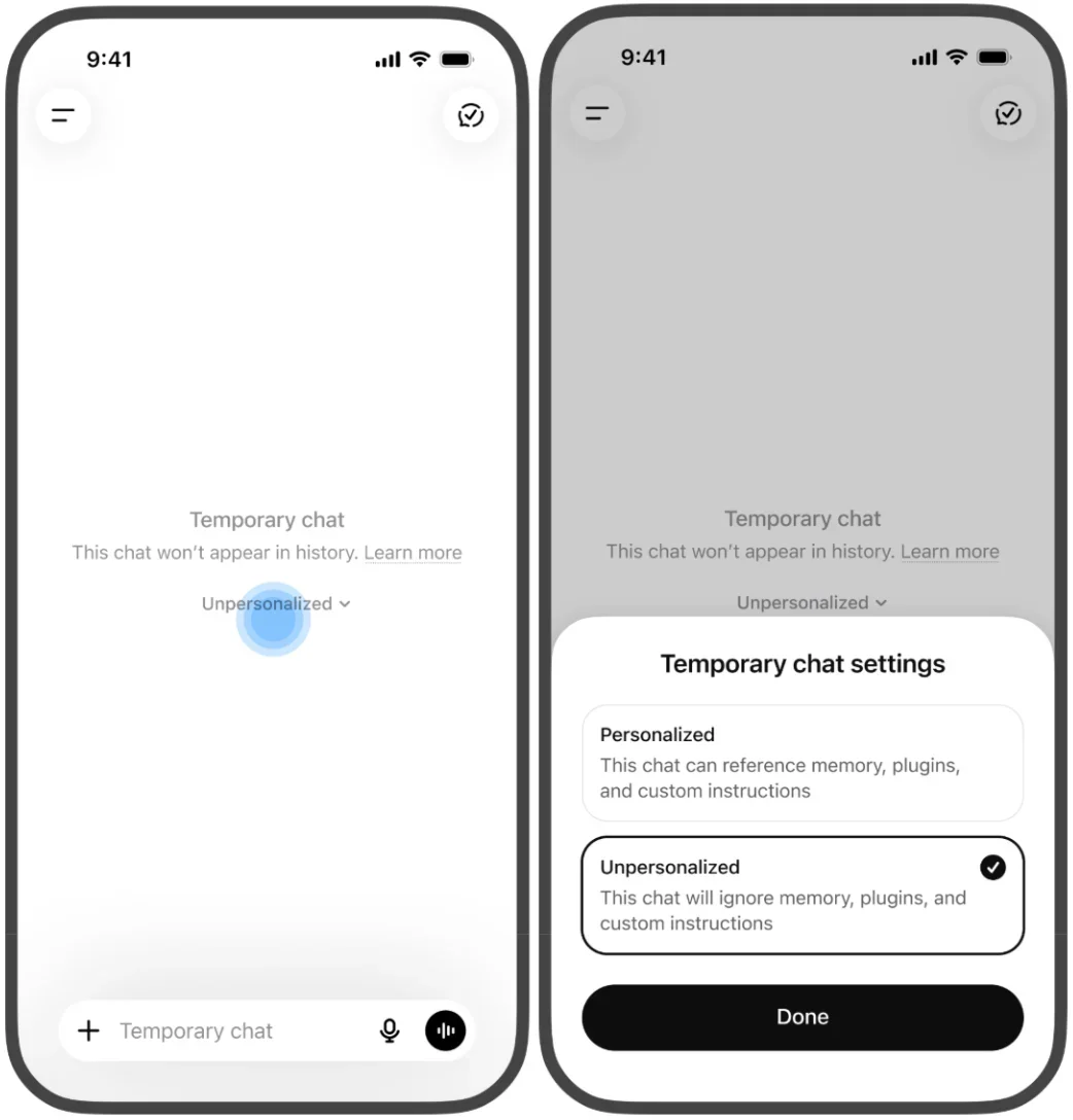 Two phone screens from OpenAI’s help guide showing Temporary chat and its personalization choices.