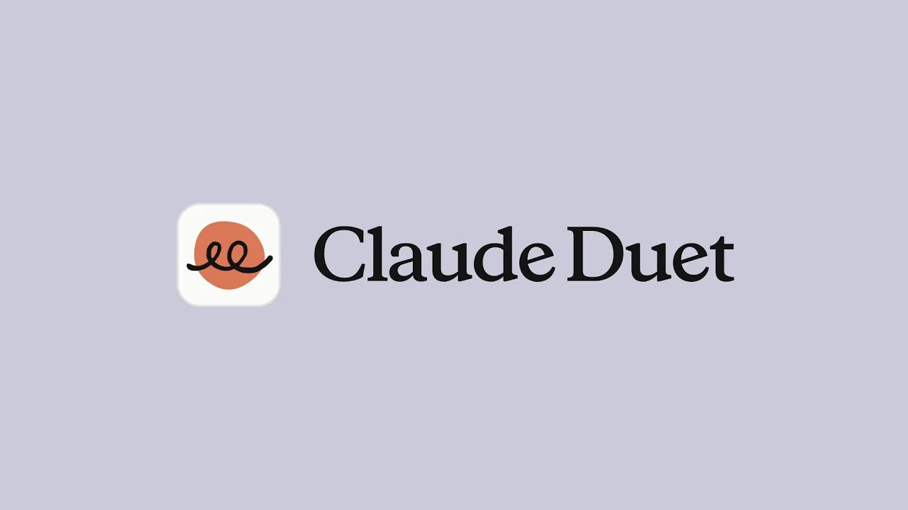Claude Duet wordmark and app icon on the pale lavender title card from its announcement video.