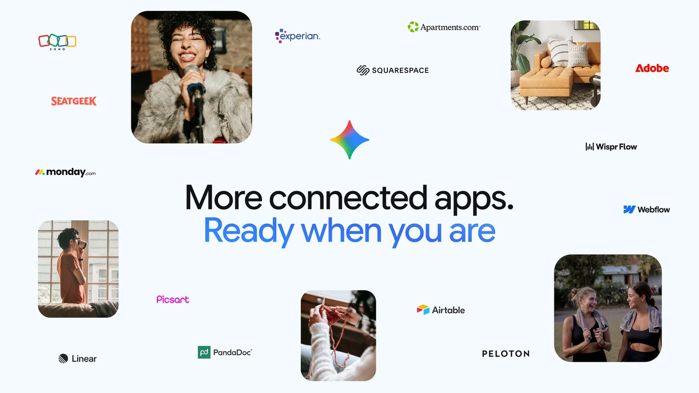 Google’s connected-apps announcement artwork with Gemini branding, app logos and small lifestyle photos.