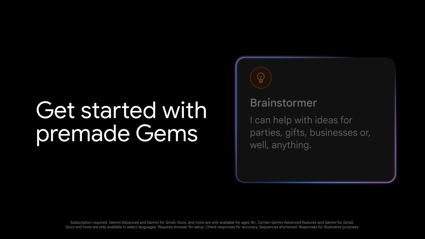 A frame from Google’s 2024 Gems launch video showing the premade Brainstormer Gem.