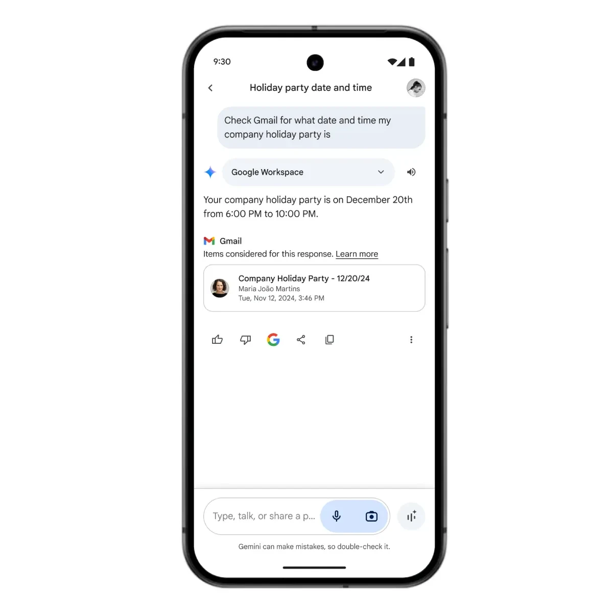 A phone in Google’s demonstration showing Gemini finding a holiday-party time in Gmail.