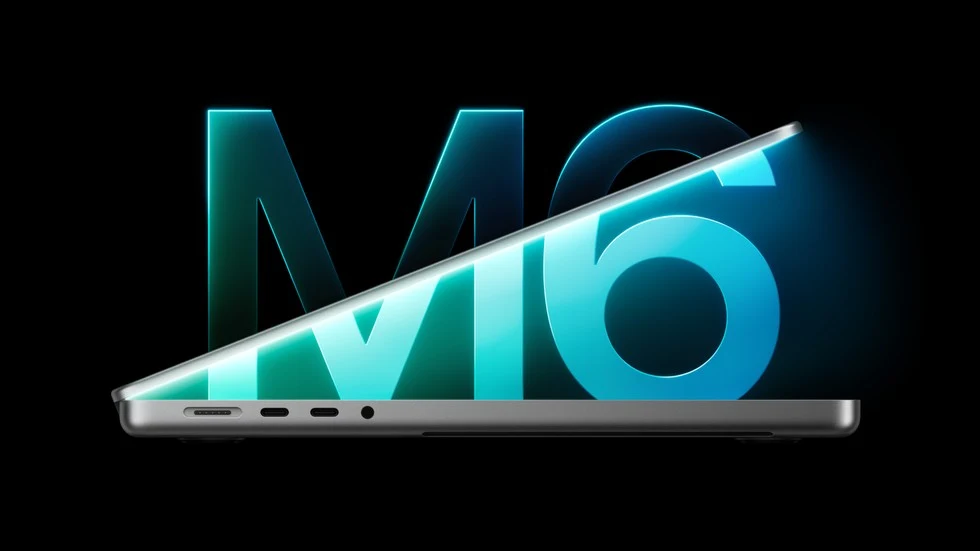 A side view of a partially open 14-inch MacBook Pro with M6 is set against a glowing M6 logo in the background.