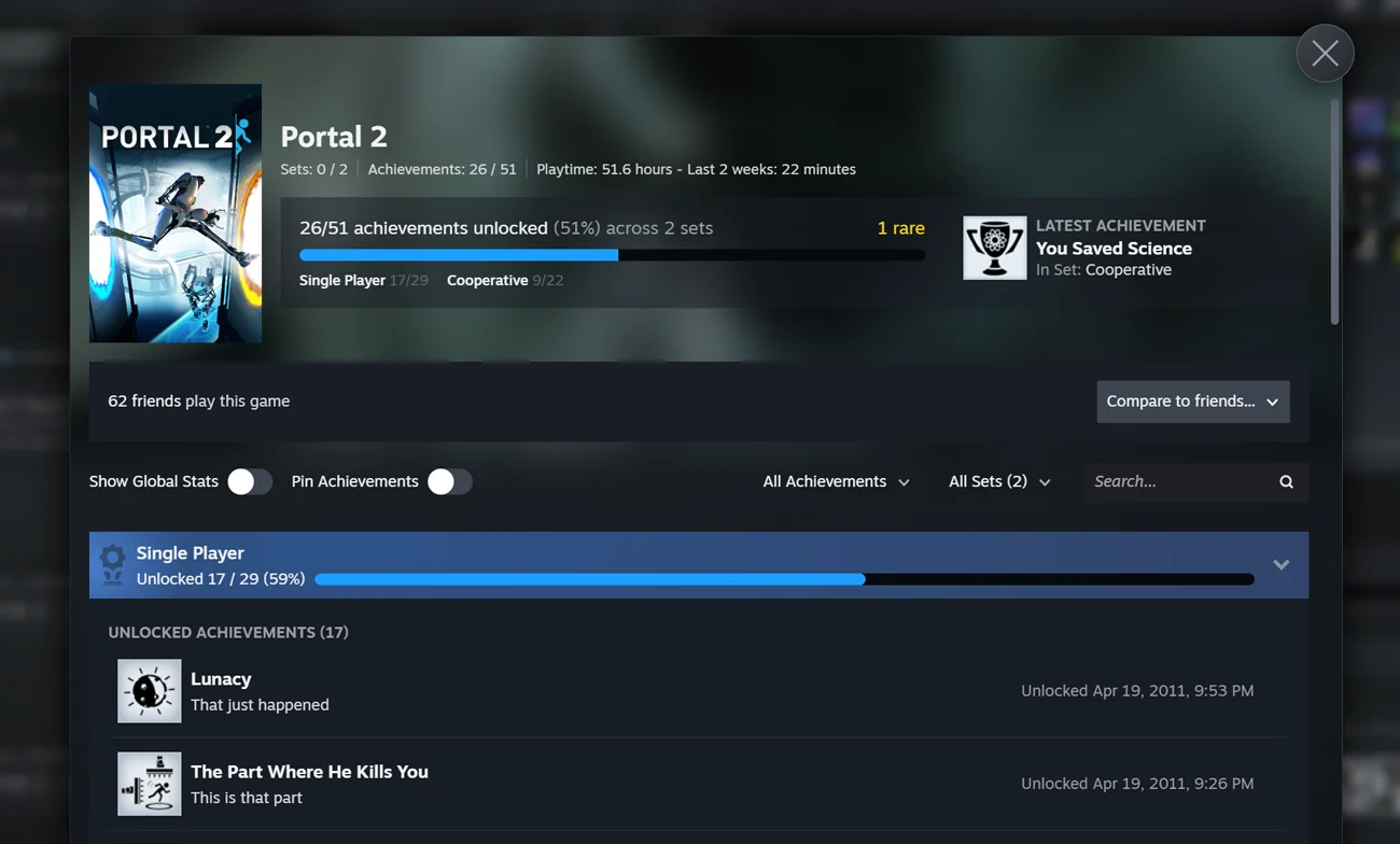 Valve’s Steam achievements interface for Portal 2, with a set filter and a separate Single Player progress bar.