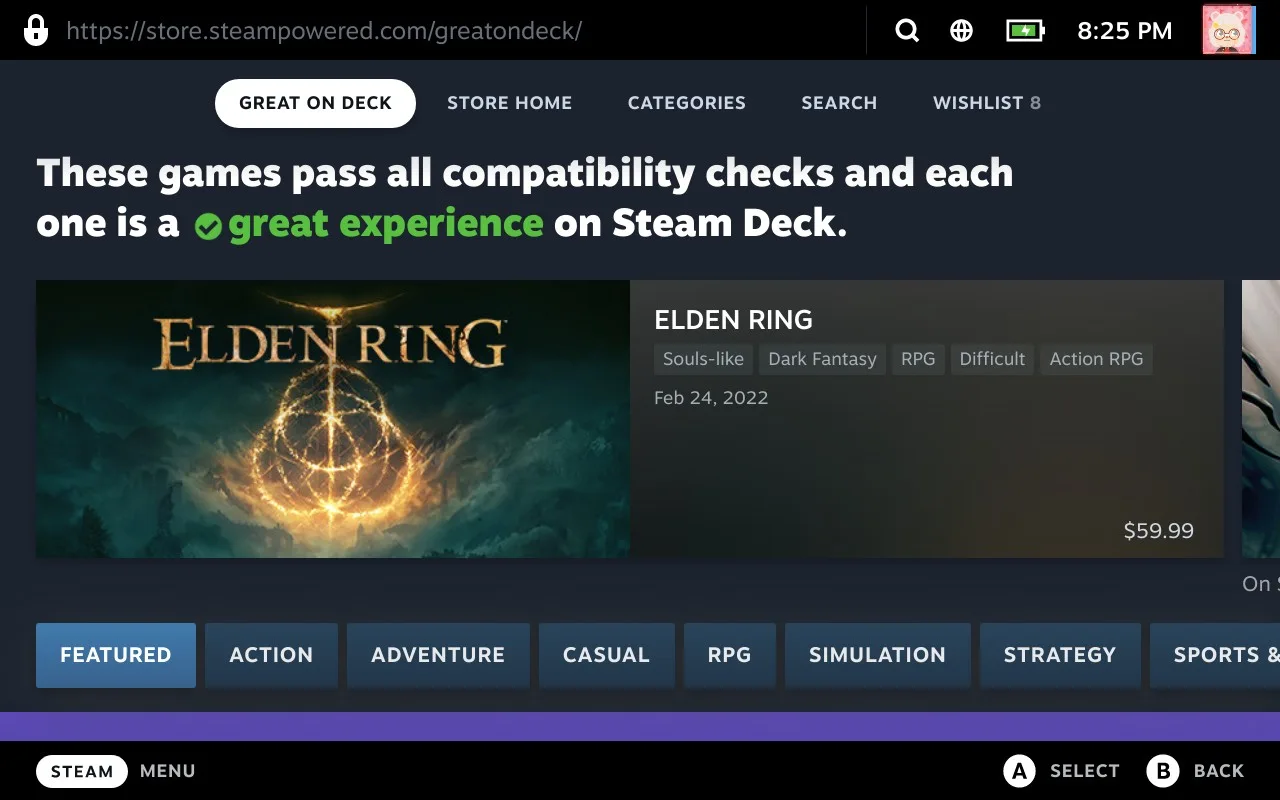 Valve’s example of the Steam Store’s Great on Deck tab, showing games that pass its compatibility checks.