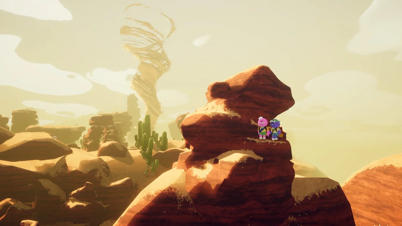 Two colorful PEAK climbers stand together on a narrow desert rock ledge as a tornado rises in the distance.