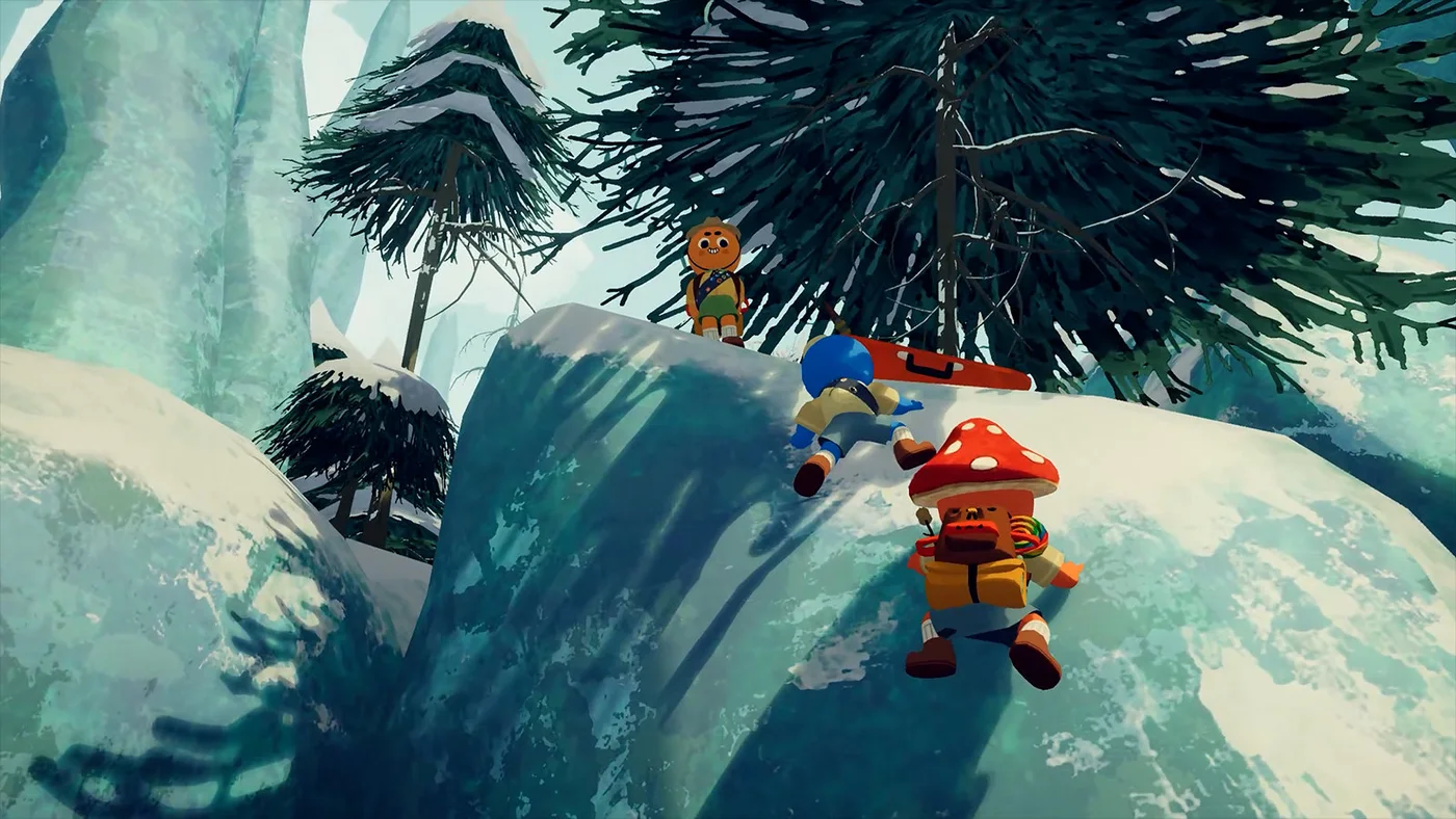 A group of PEAK climbers gathers around a teammate on an icy ledge among snowy trees.