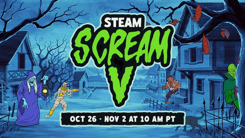 Steam Scream V poster with cartoon monsters in a moonlit village and the dates October 26 to November 2.