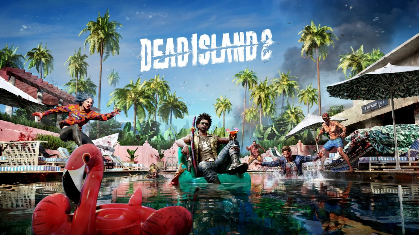Dead Island 2 promotional artwork with survivors around a swimming pool in Los Angeles.