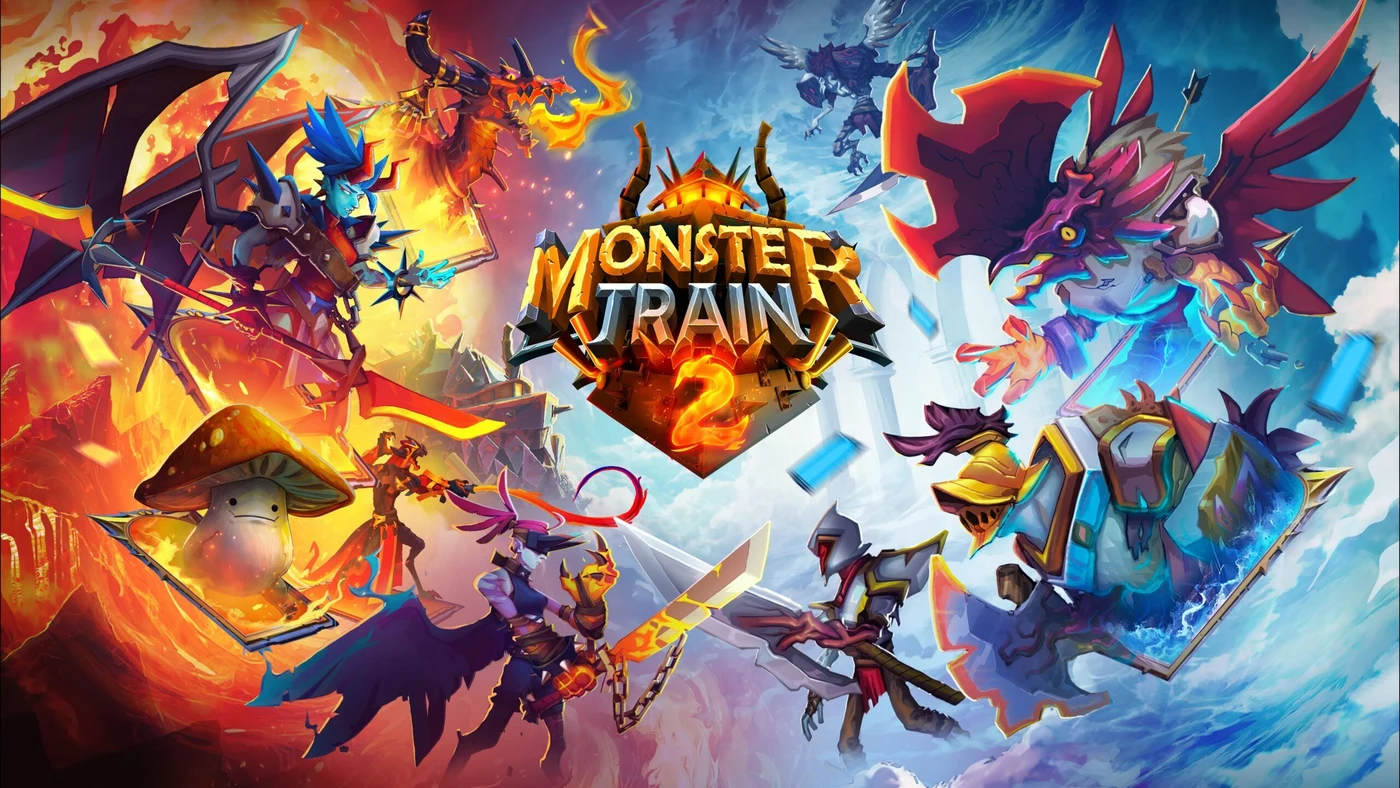 Colorful fantasy characters surrounding the Monster Train 2 logo.