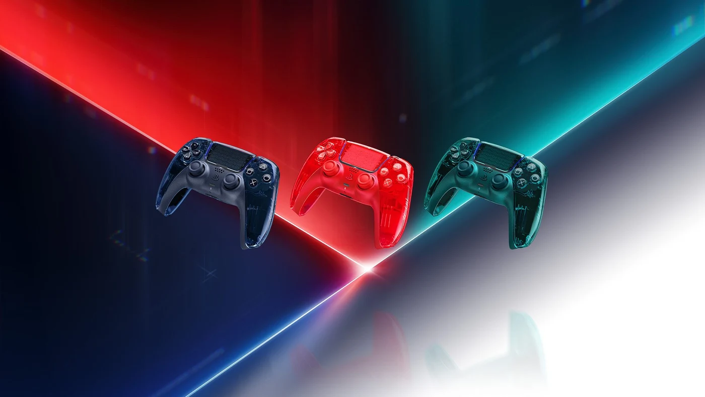 Three transparent DualSense controllers in gray, orange and green against matching illuminated backgrounds.