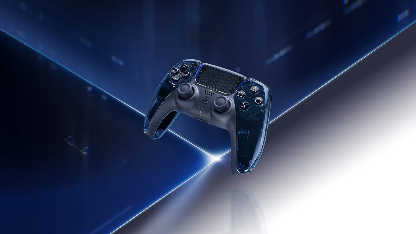 Transparent gray DualSense controller on a blue illuminated background.