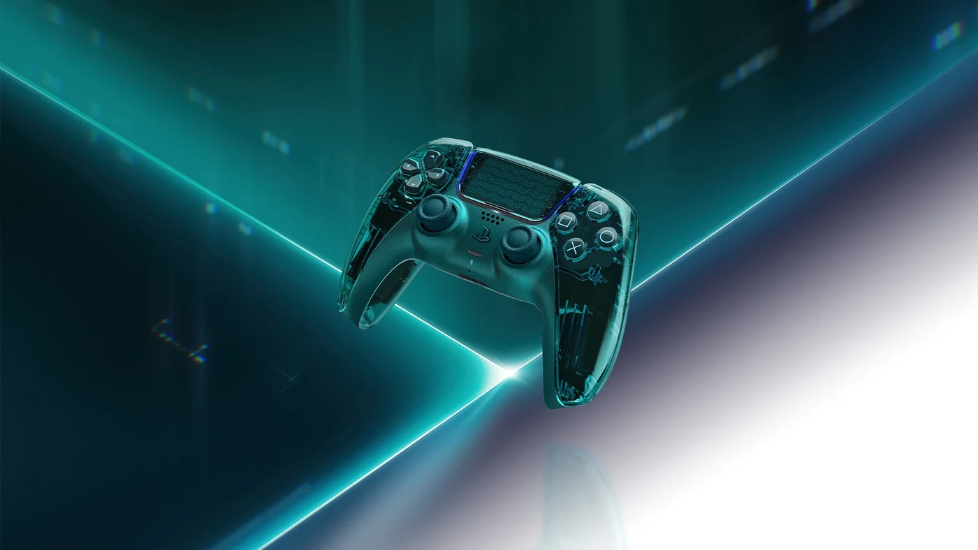 Transparent green DualSense controller on a teal illuminated background.