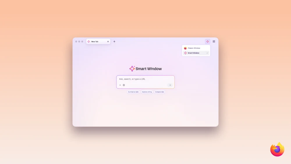 Mozilla artwork showing a Smart Window browser on a peach background.