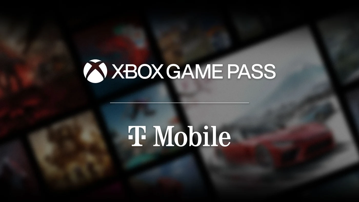 Xbox Game Pass and T-Mobile logos over a blurred collection of game artwork.