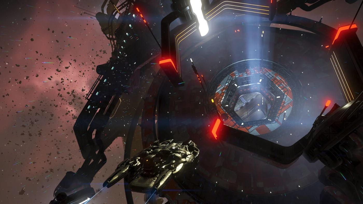 A biomechanical ship approaches an illuminated space structure in No Man’s Sky: Forsaken.