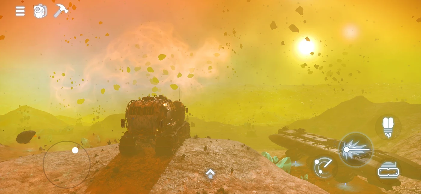 No Man’s Sky on a yellow planet with touch controls overlaid along the screen edges.