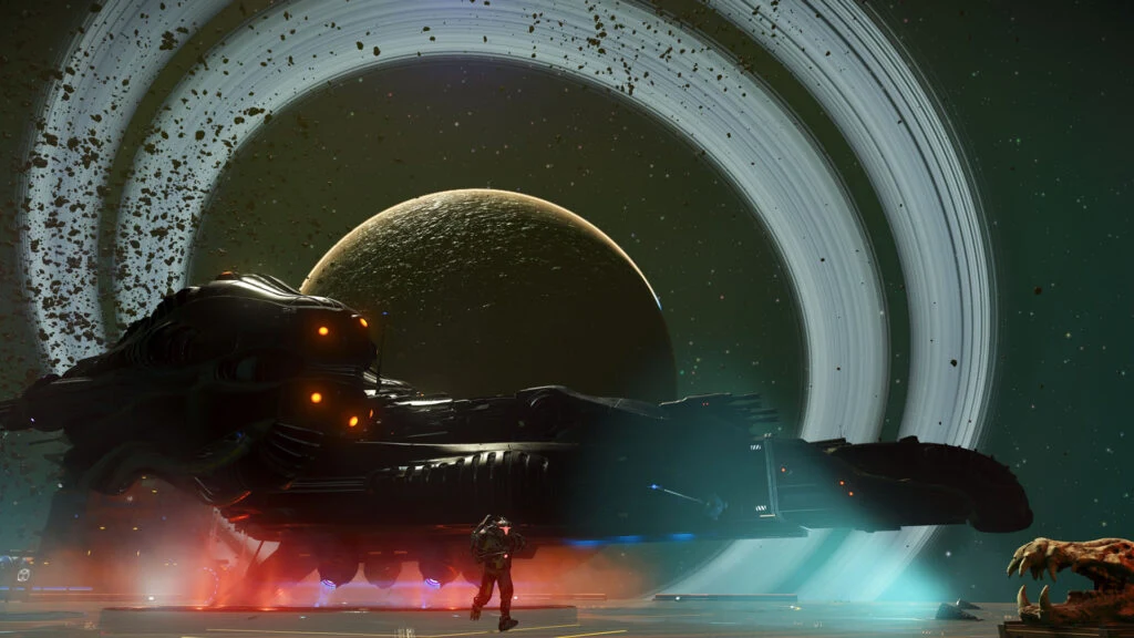 A player character stands beside a large dark ship, with a ringed planet behind it.