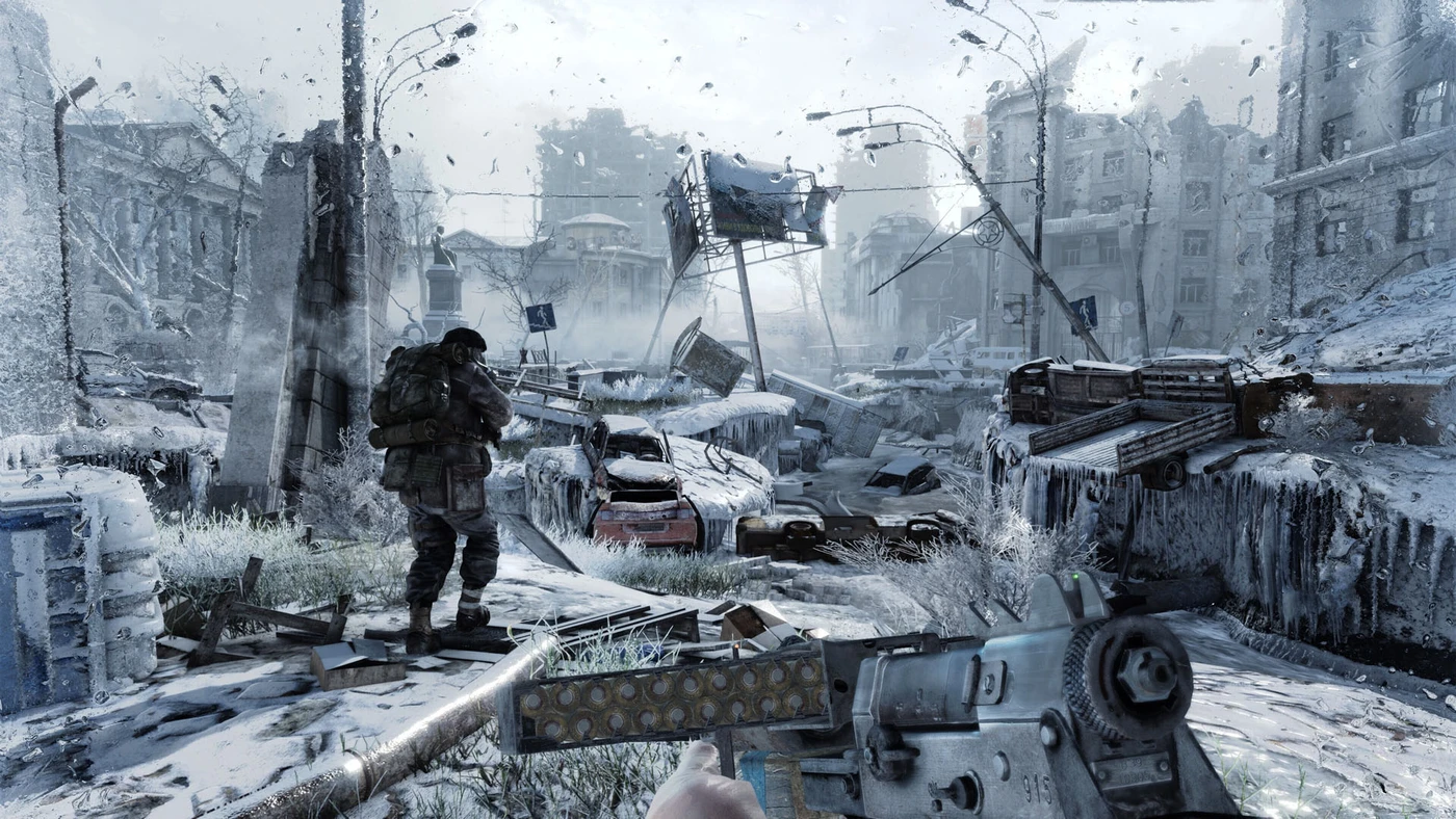 A first-person Metro Redux scene looks across a snow-covered ruined street toward another character
