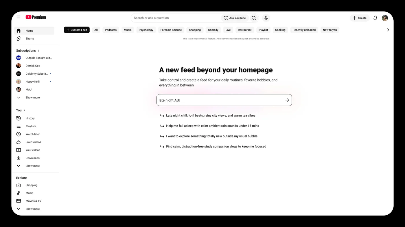 YouTube’s demonstration of creating a custom feed